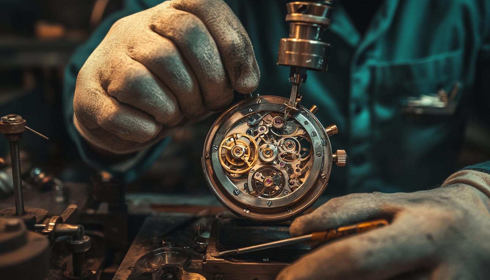 Bracciale metallico e vetro zaffiro disposti accanto agli strumenti di orologeria